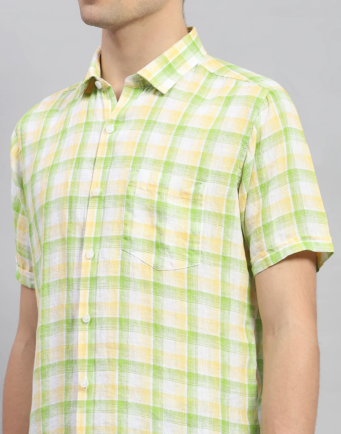 Men Green Check Collar Neck Half Sleeve Linen Shirt - Image 6