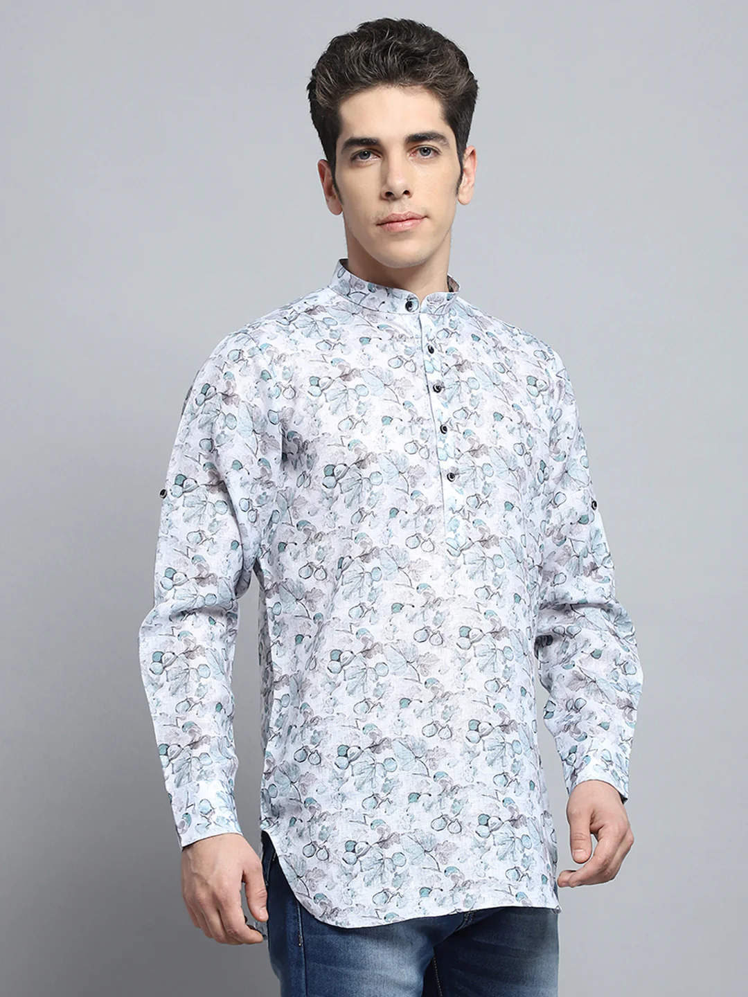 Men Green Printed Band Collar Full Sleeve Kurta - Image 4