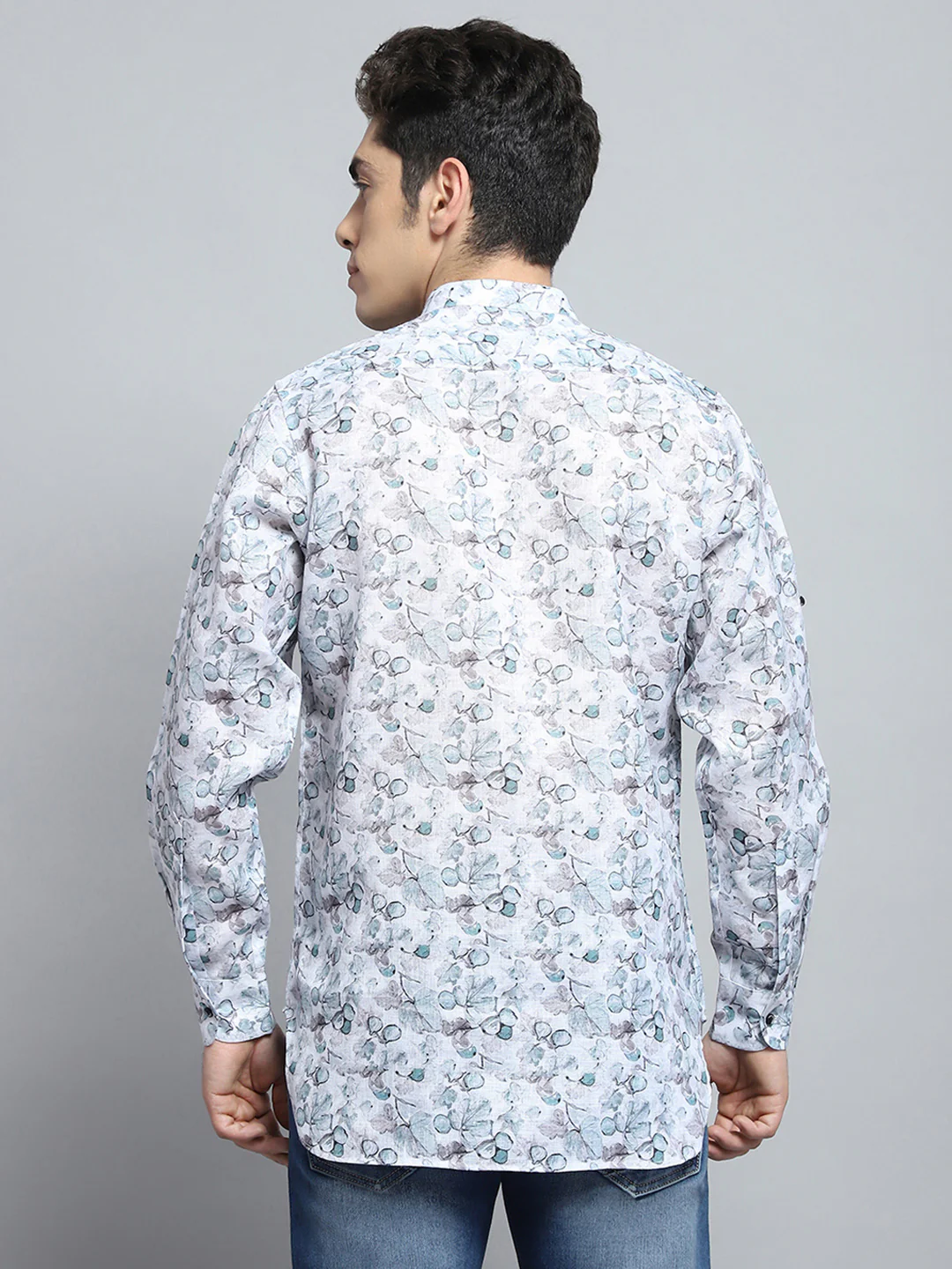 Men Green Printed Band Collar Full Sleeve Kurta - Image 5