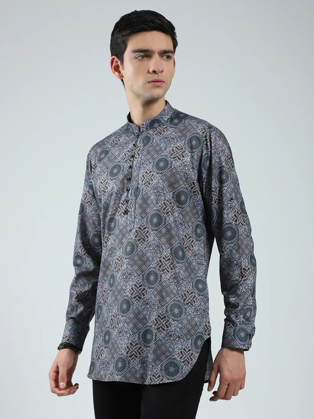 Men Green Printed Band Collar Full Sleeve Kurta - Image 3
