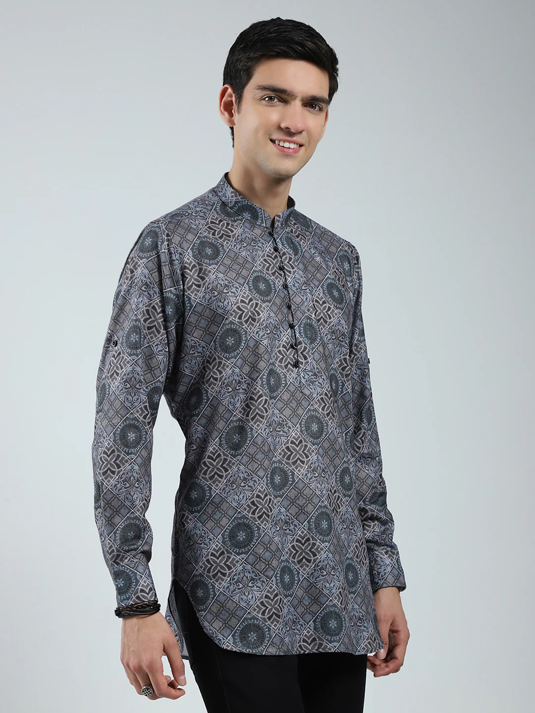 Men Green Printed Band Collar Full Sleeve Kurta - Image 4
