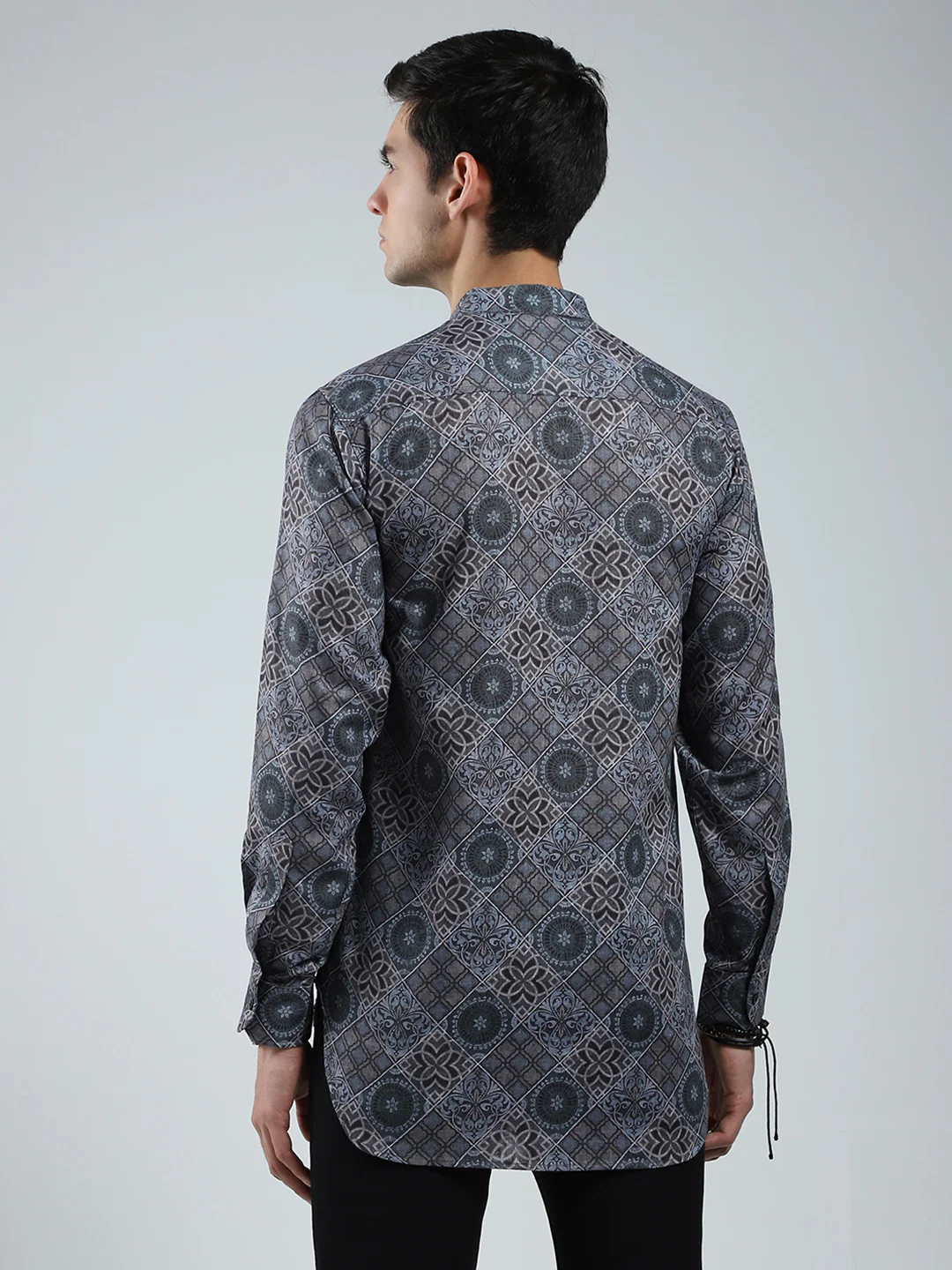 Men Green Printed Band Collar Full Sleeve Kurta - Image 5