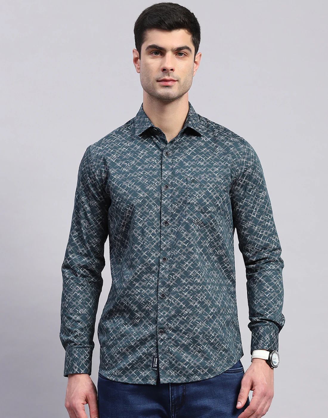 Men Green Printed Collar Full Sleeve Shirt - Image 3