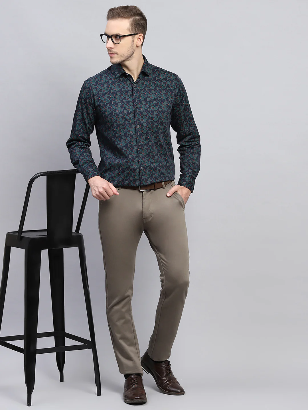 Men Green Printed Collar Full Sleeve Shirt - Image 2