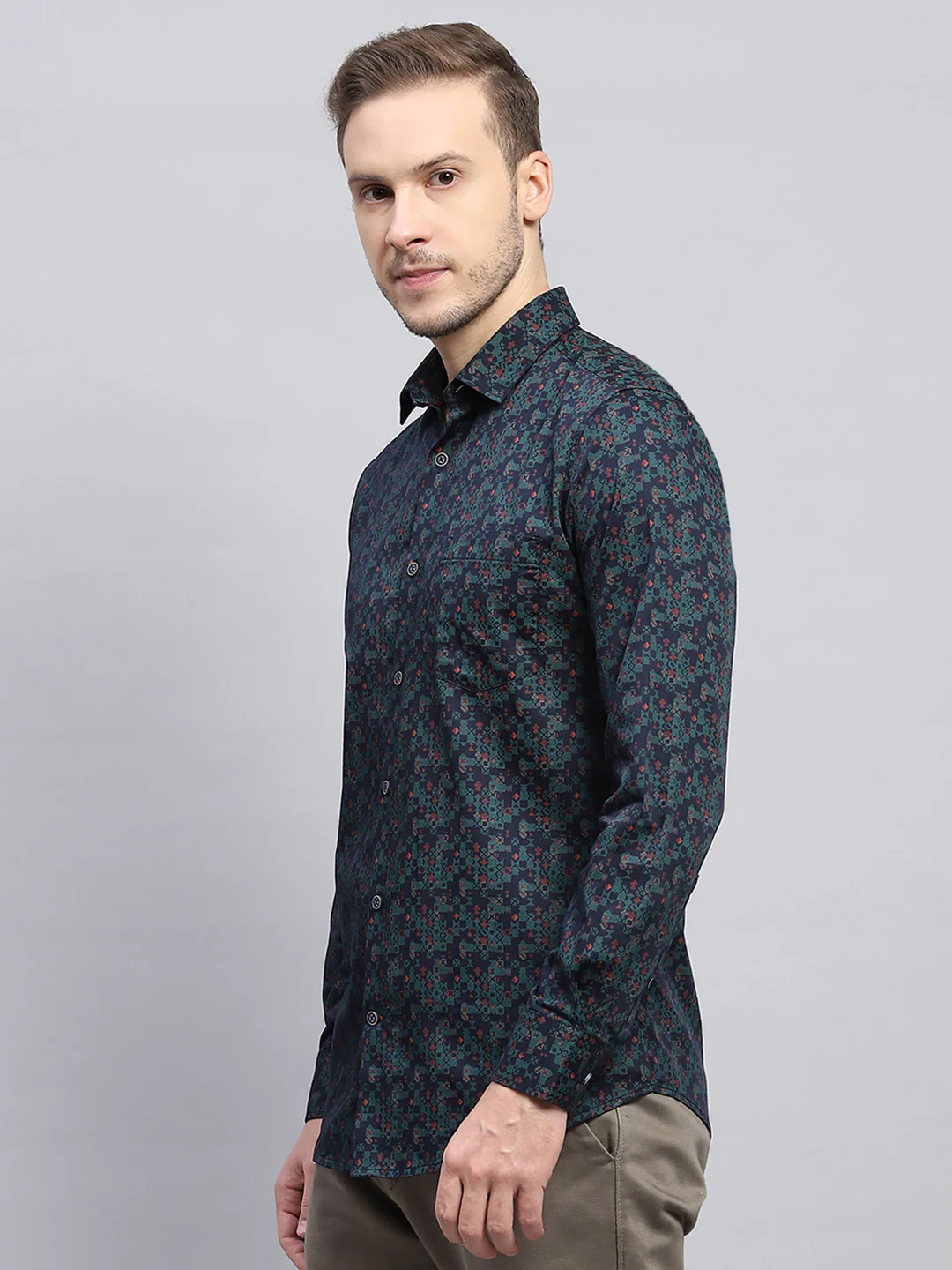 Men Green Printed Collar Full Sleeve Shirt - Image 3
