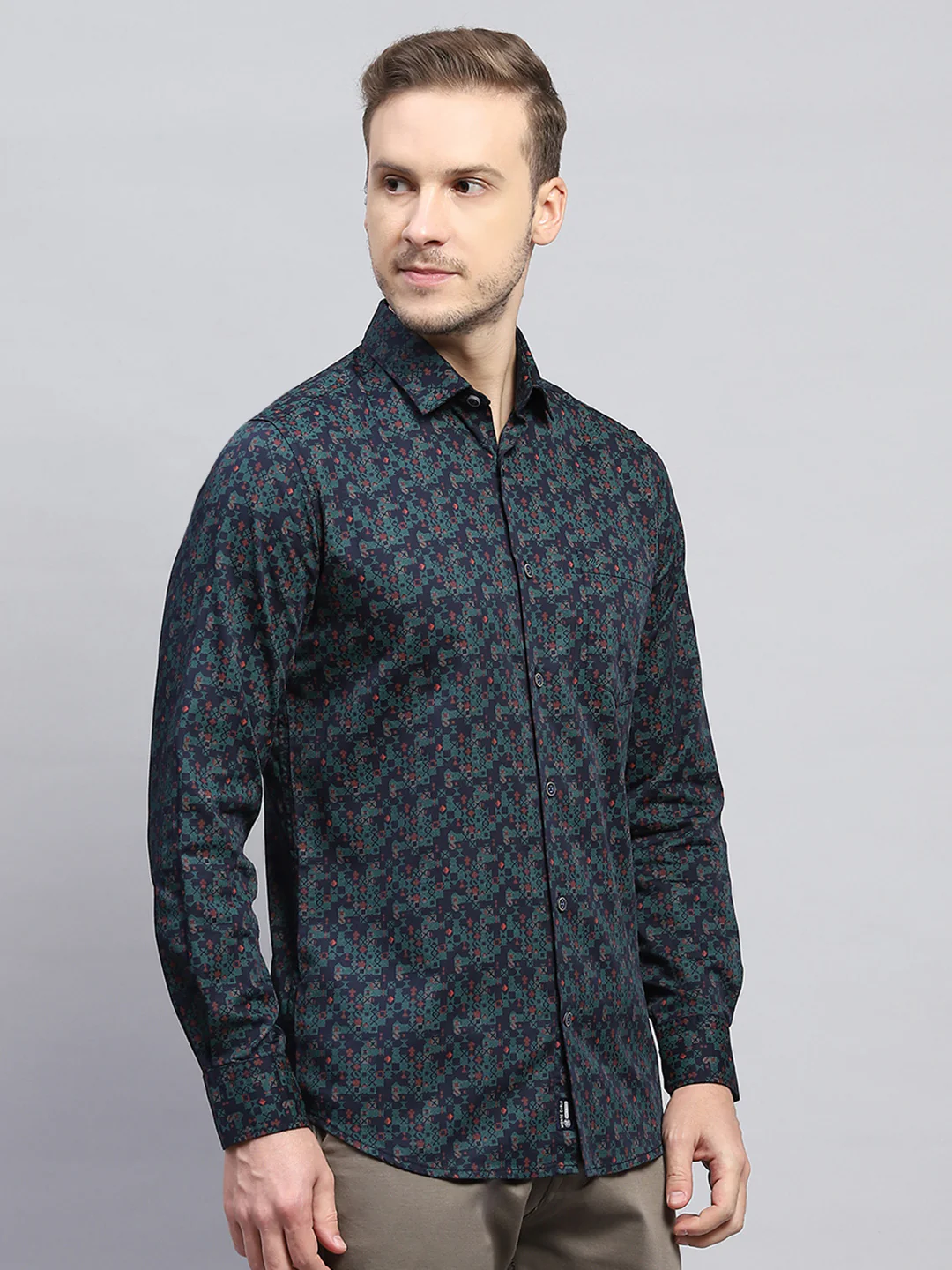 Men Green Printed Collar Full Sleeve Shirt - Image 4