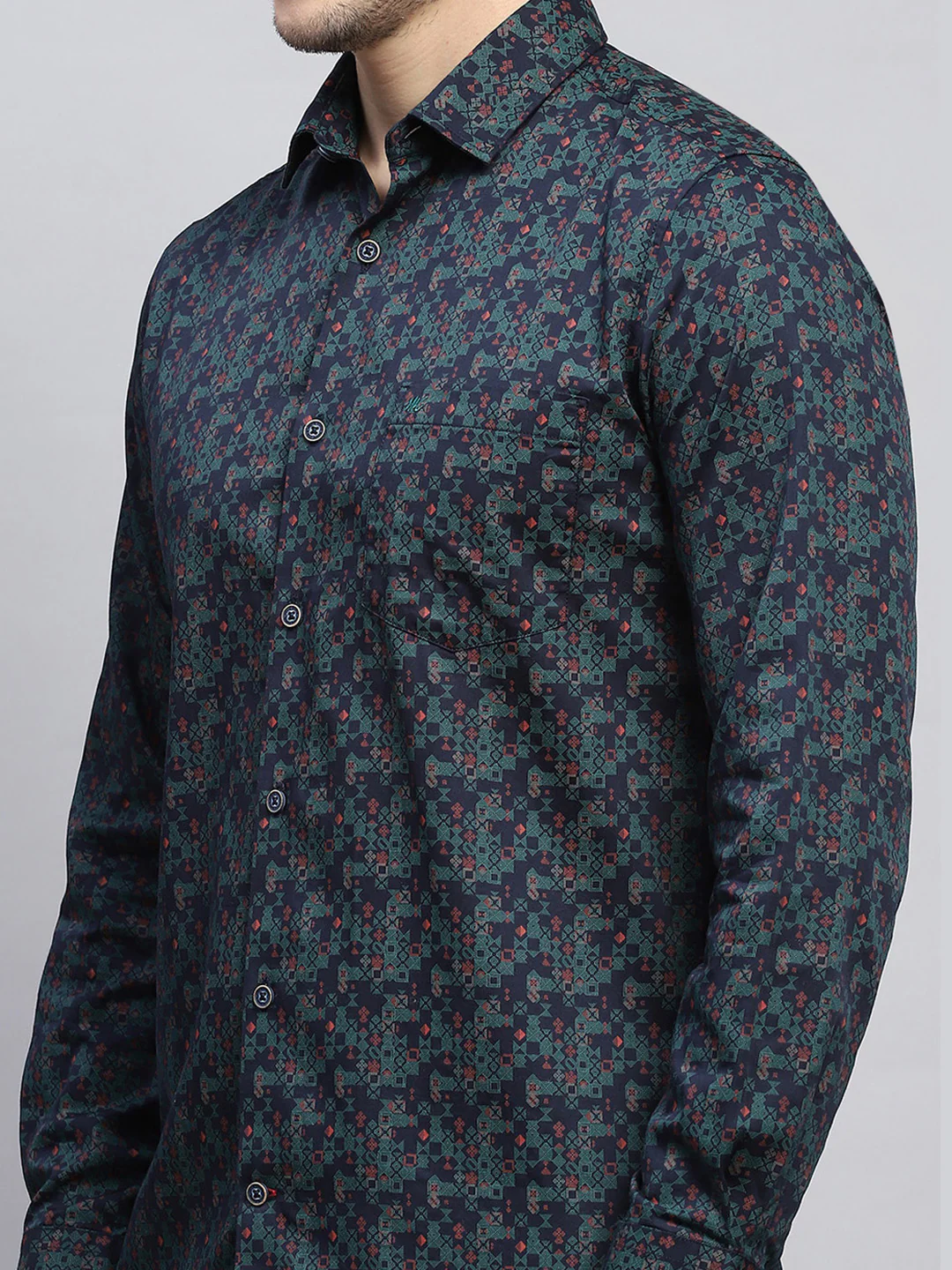 Men Green Printed Collar Full Sleeve Shirt - Image 6