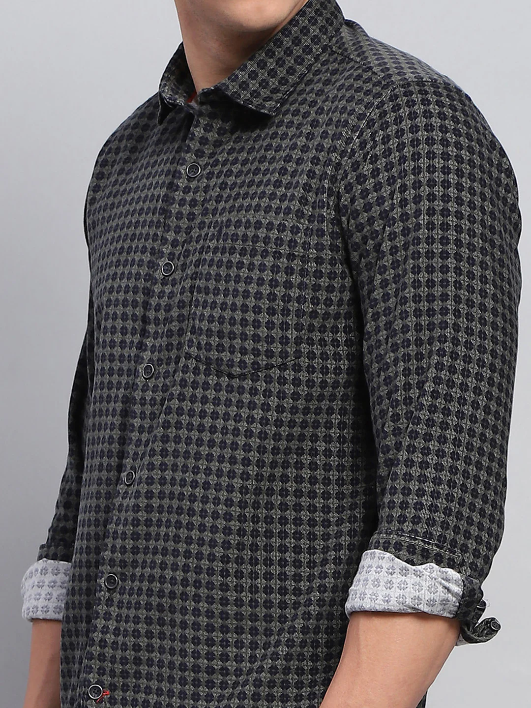 Men Green Printed Collar Full Sleeve Shirt - Image 6