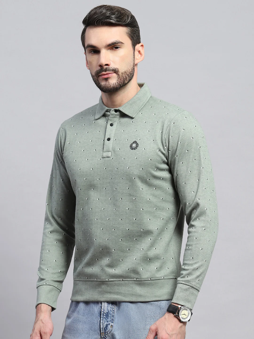 Men Green Printed Collar Full Sleeve Sweatshirt - Image 3