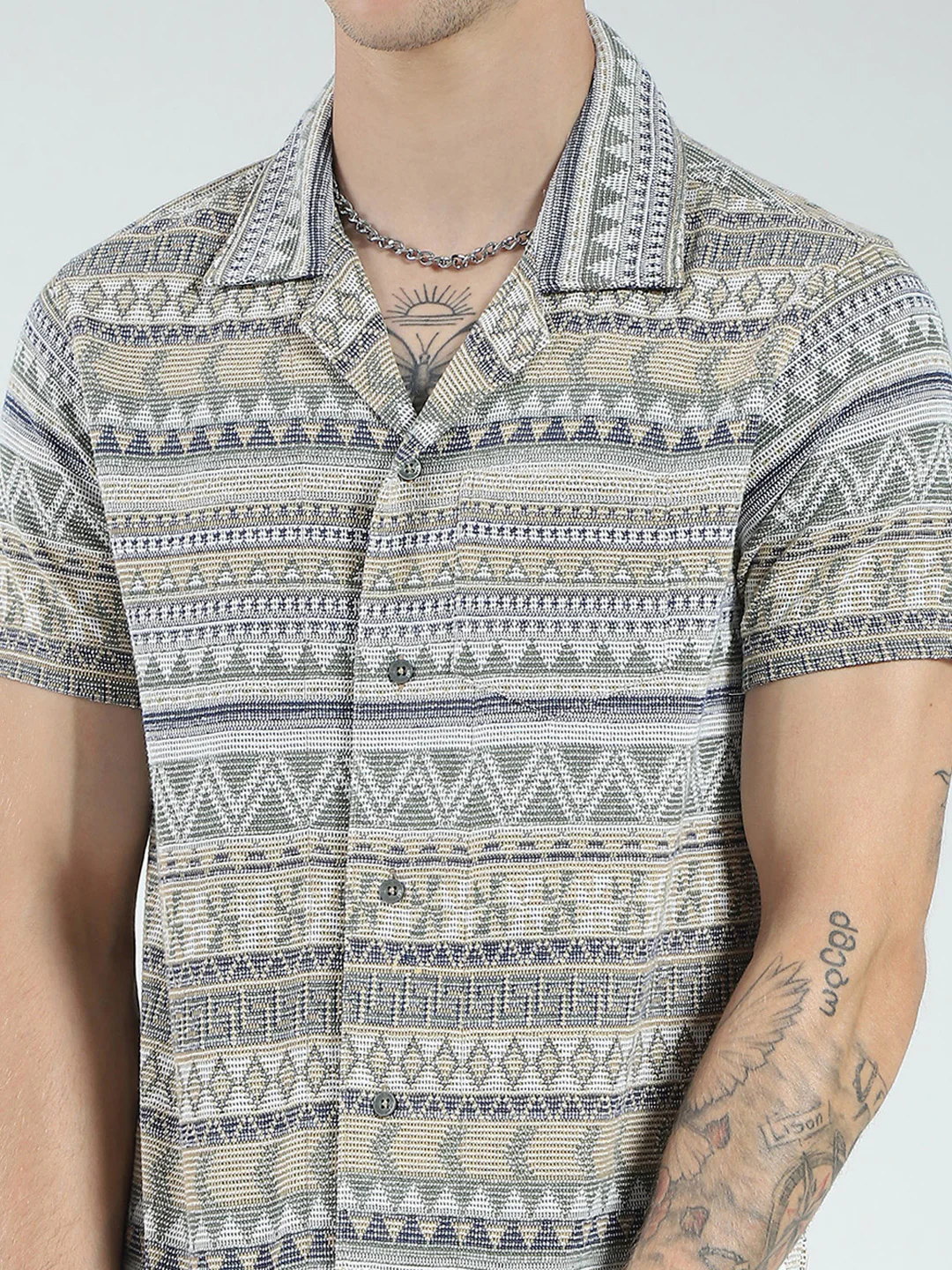 Men Green Printed Collar Half Sleeve Bermuda Set - Image 8