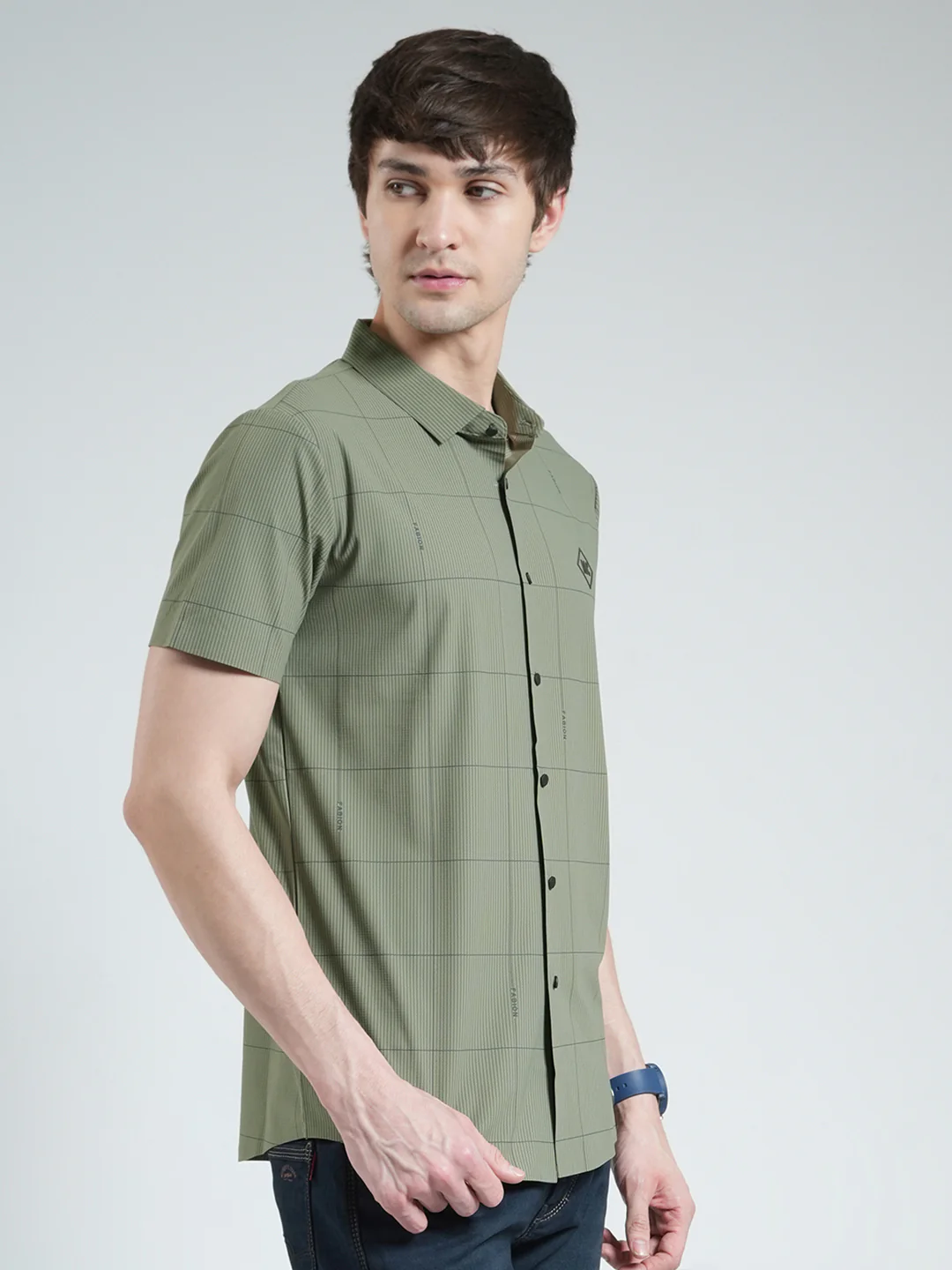 Men Green Printed Collar Half Sleeve Shirt - Image 4