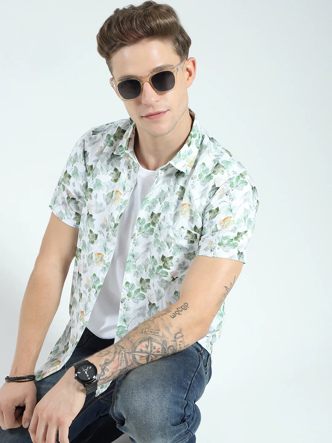 Men Green Printed Collar Half Sleeve Linen Shirt - Image 6