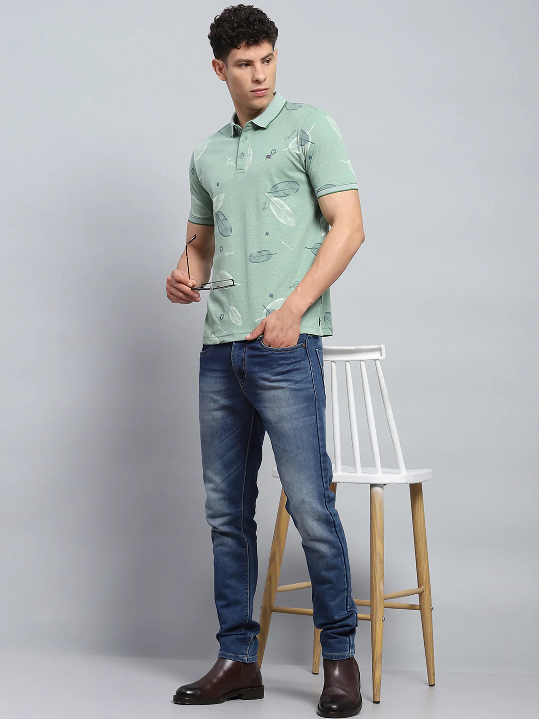 Men Green Printed Collar Half Sleeve T-Shirt - Image 2