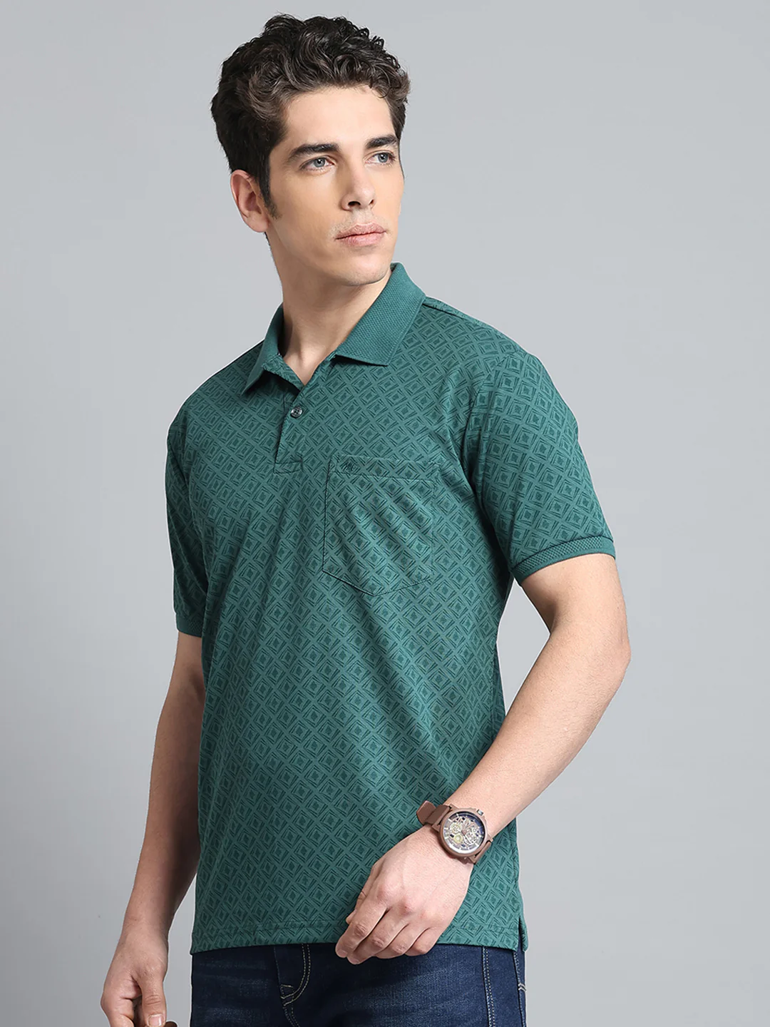 Men Green Printed Collar Half Sleeve T-Shirt - Image 3