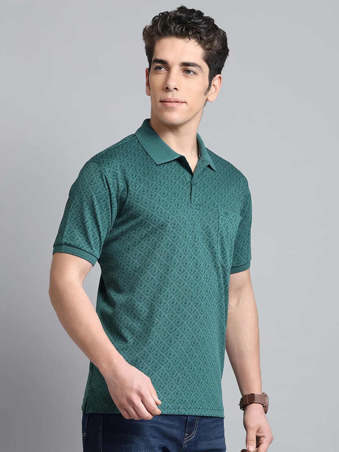 Men Green Printed Collar Half Sleeve T-Shirt - Image 4