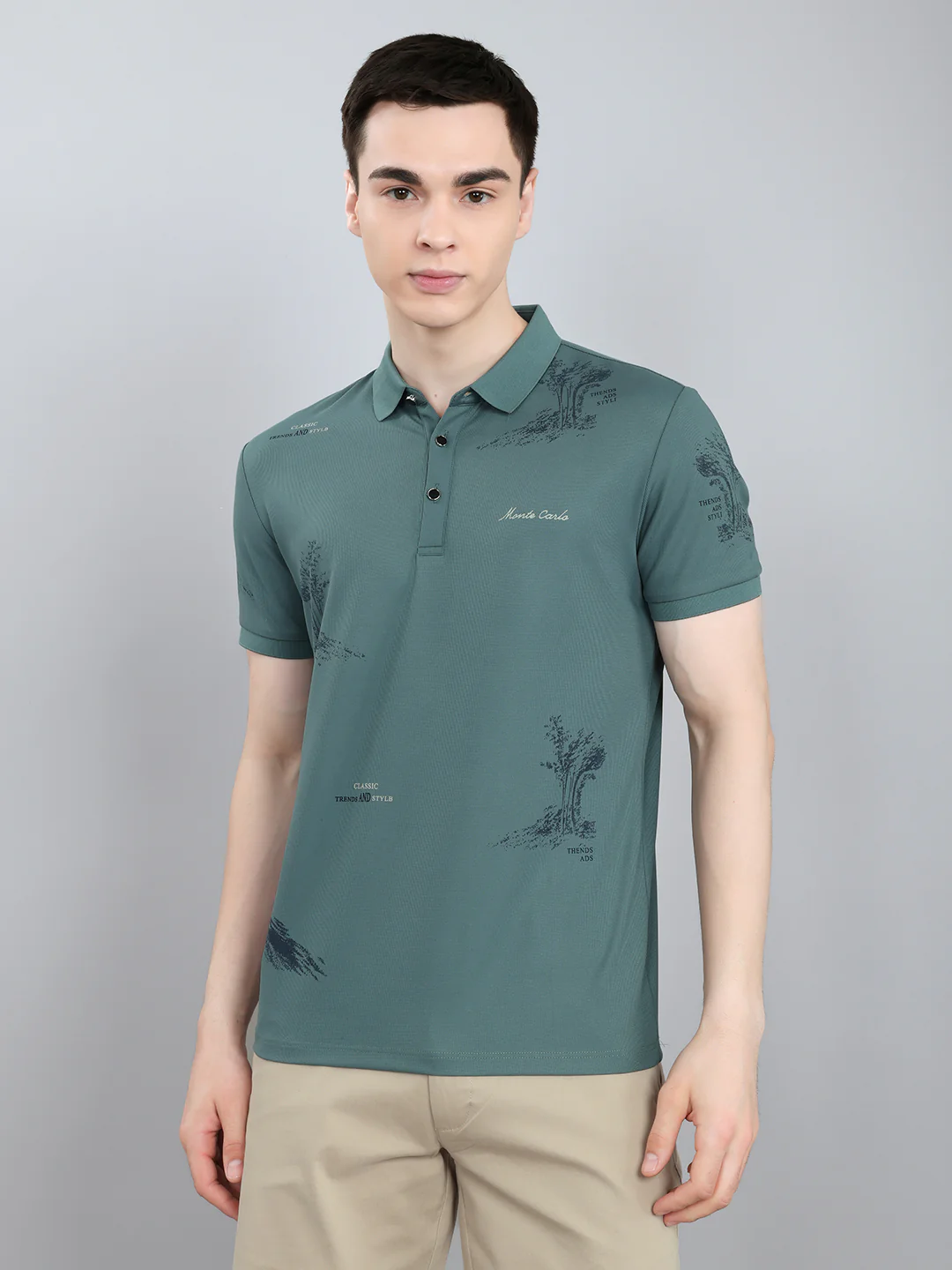 Men Green Printed Collar Half Sleeve T-Shirt