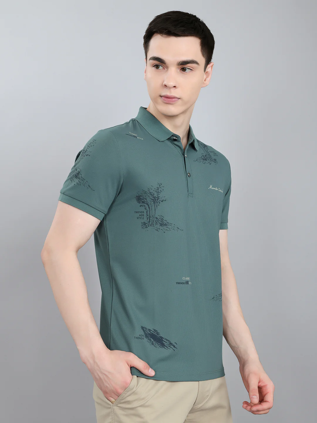 Men Green Printed Collar Half Sleeve T-Shirt - Image 3