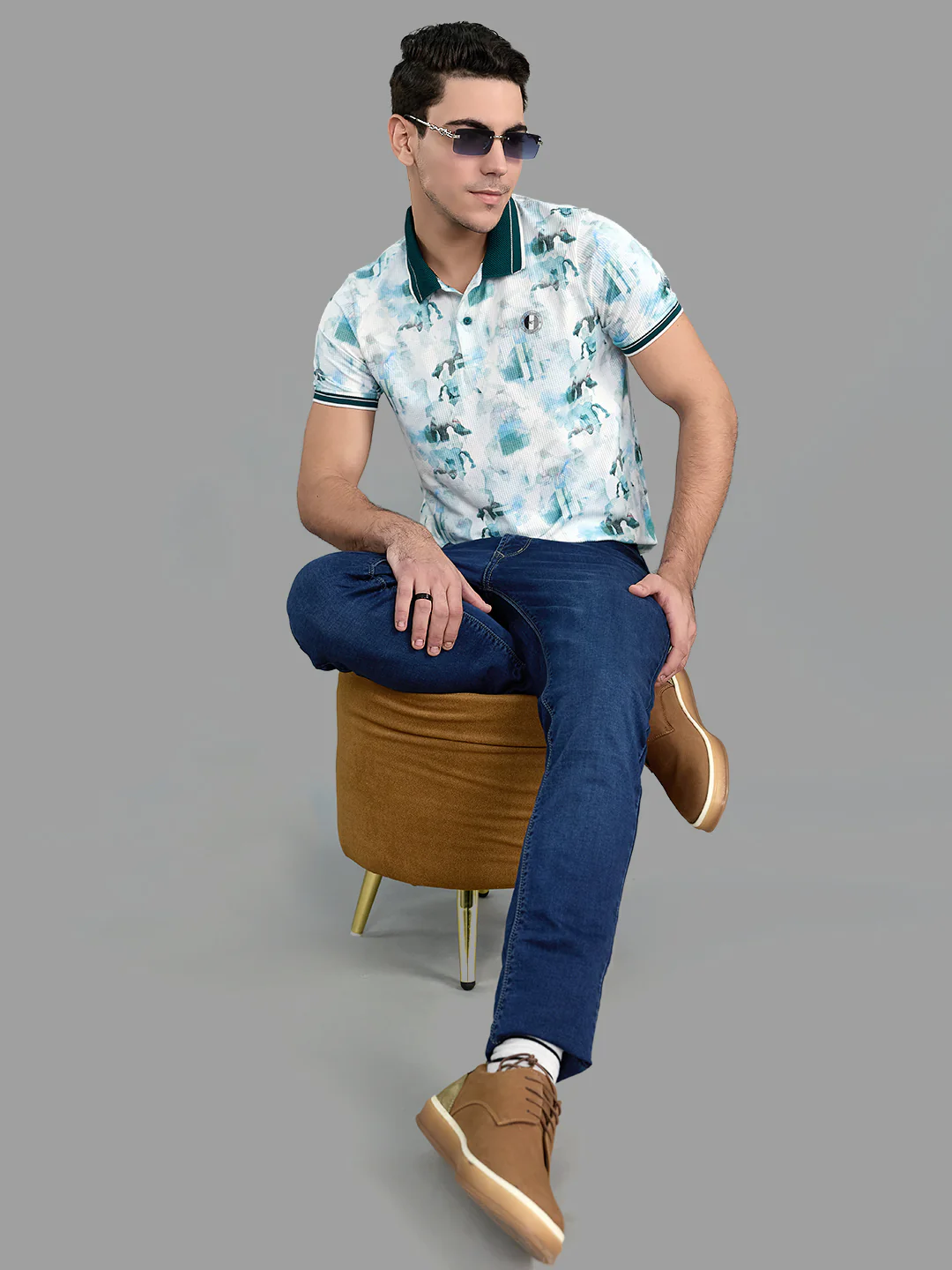 Men Green Printed Collar Half Sleeve T-Shirt - Image 6