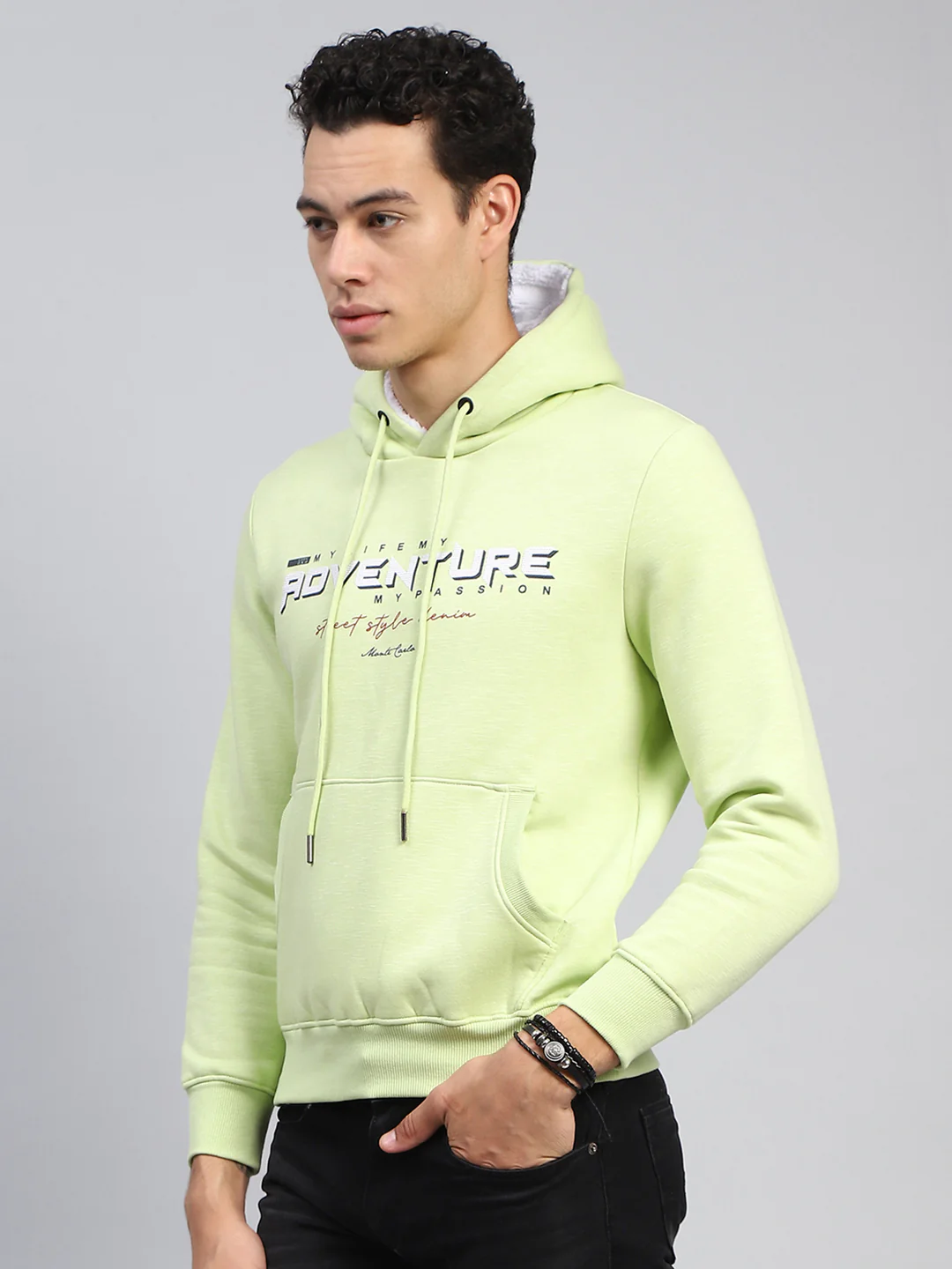 Men Green Printed Hooded Full Sleeve Sweatshirt - Image 3