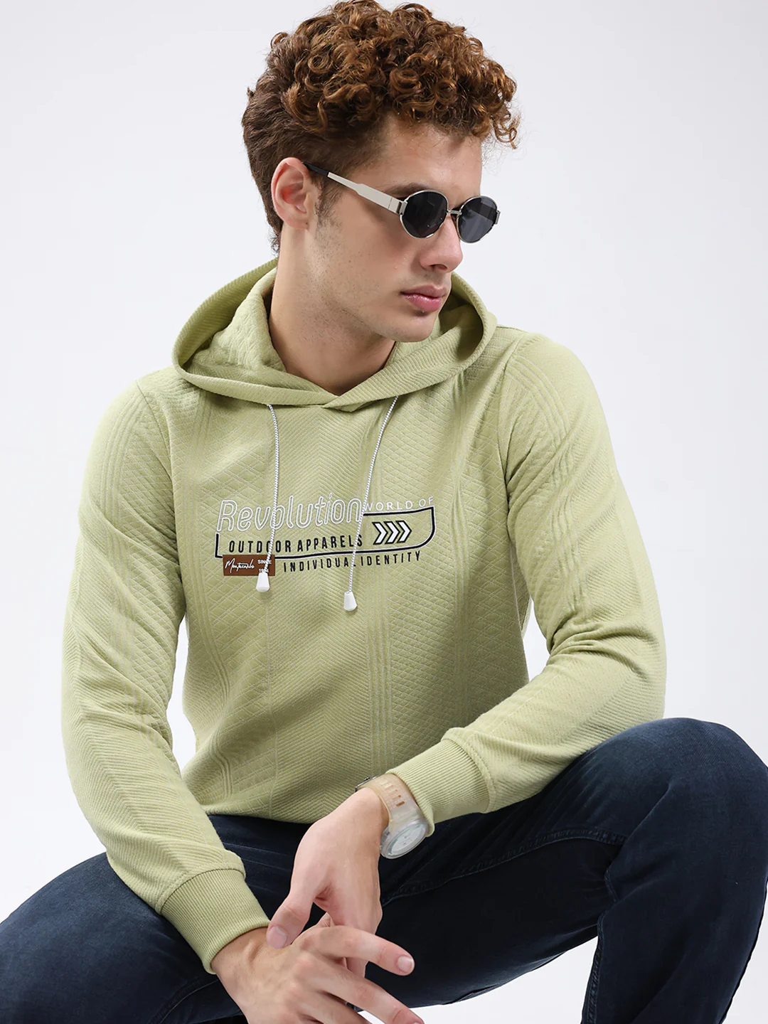 Men Green Printed Hooded Full Sleeve Sweatshirt - Image 6