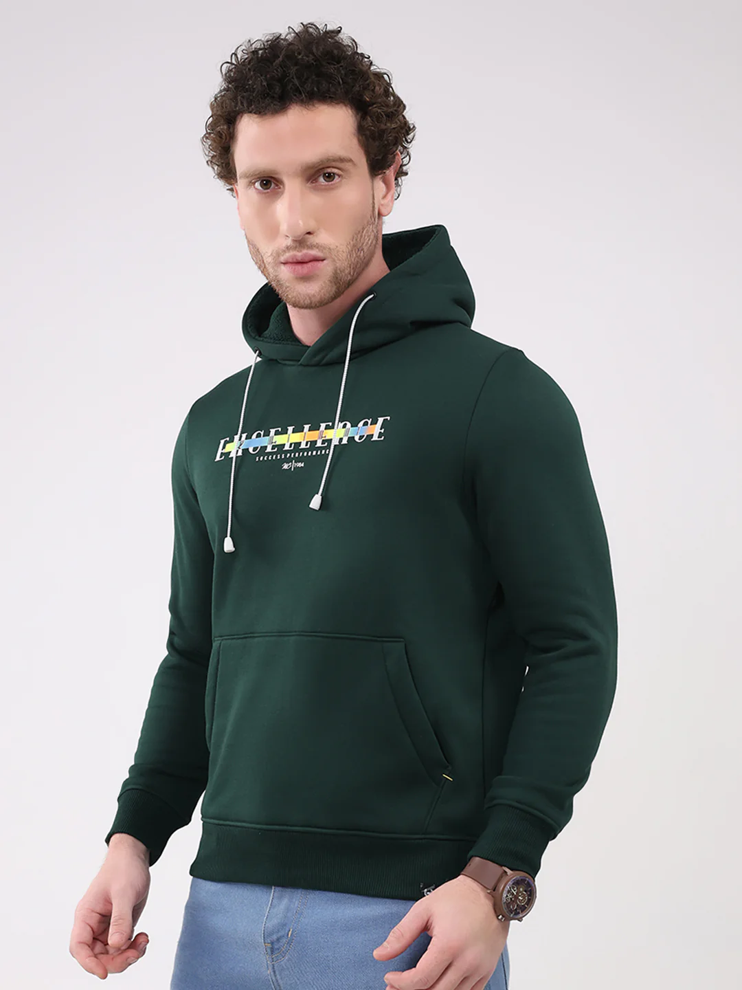 Men Green Printed Hooded Full Sleeve Sweatshirt - Image 3