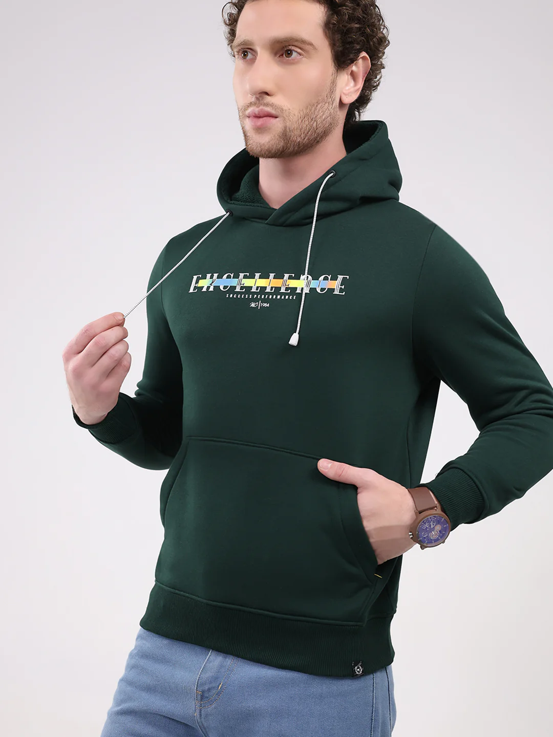 Men Green Printed Hooded Full Sleeve Sweatshirt - Image 6
