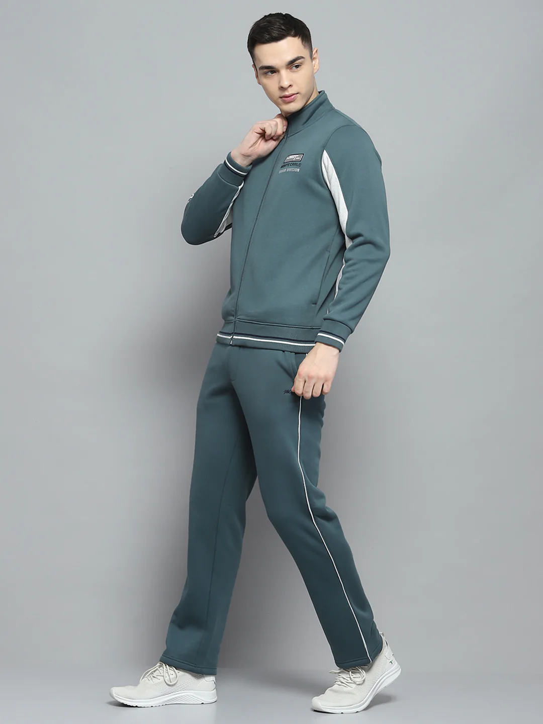 Men Green Printed Mock Neck Full Sleeve Winter Tracksuit - Image 3
