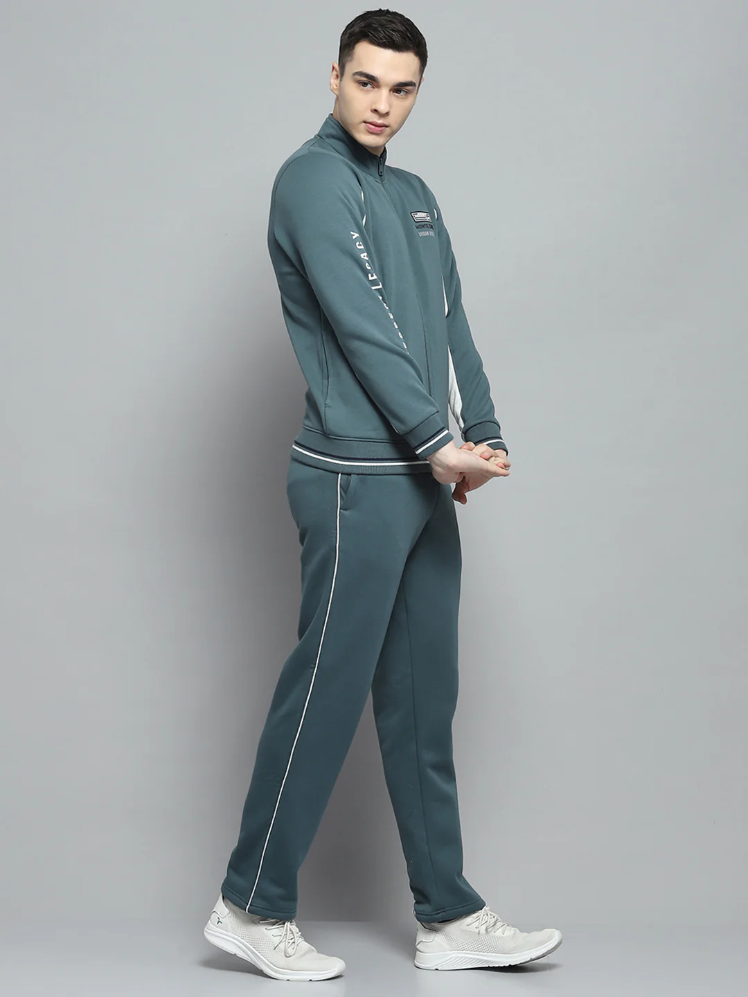 Men Green Printed Mock Neck Full Sleeve Winter Tracksuit - Image 4