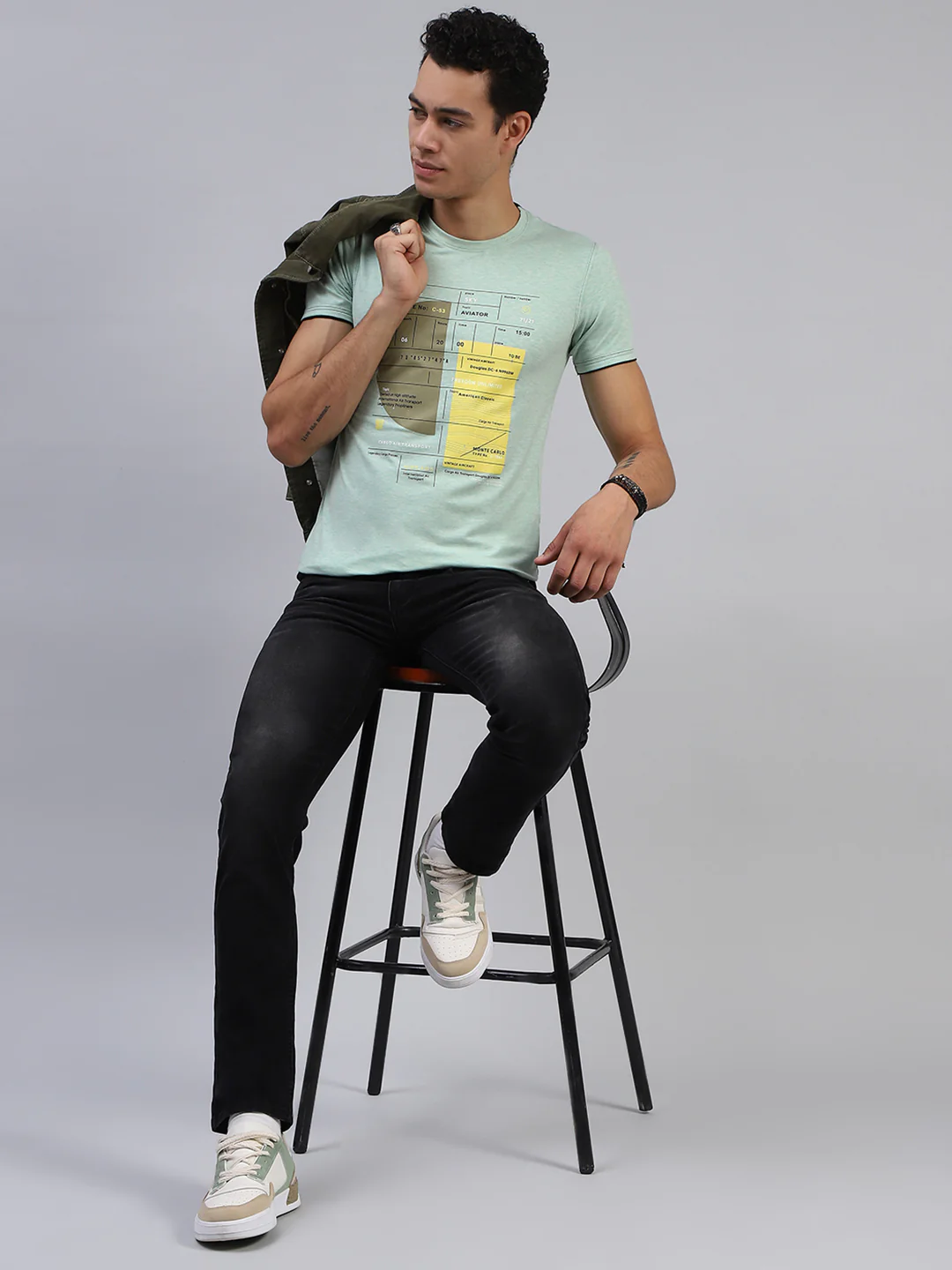 Men Green Printed Mock Neck Half Sleeve T-Shirt - Image 2