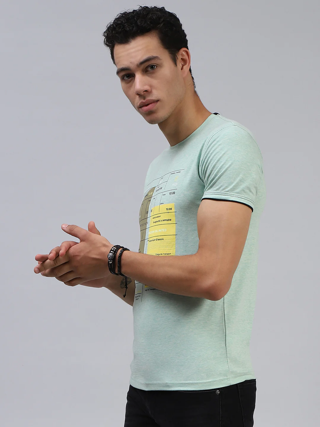 Men Green Printed Mock Neck Half Sleeve T-Shirt - Image 3