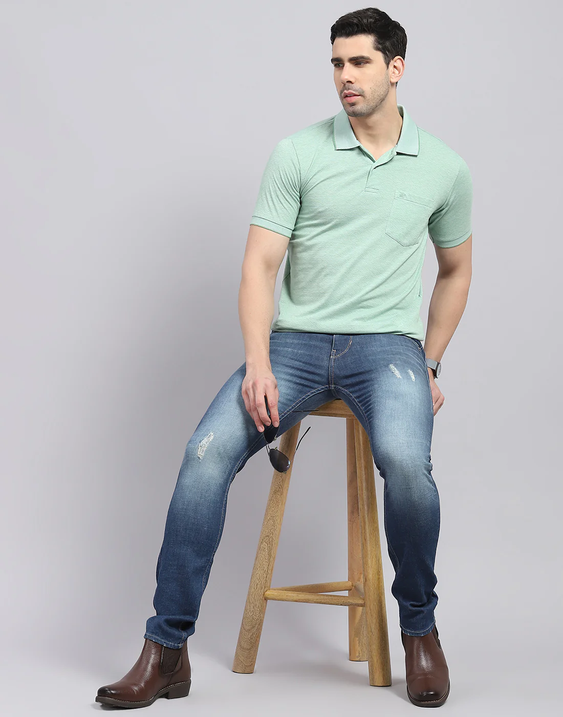 Men Green Printed Polo Collar Half Sleeve T-Shirt - Image 2