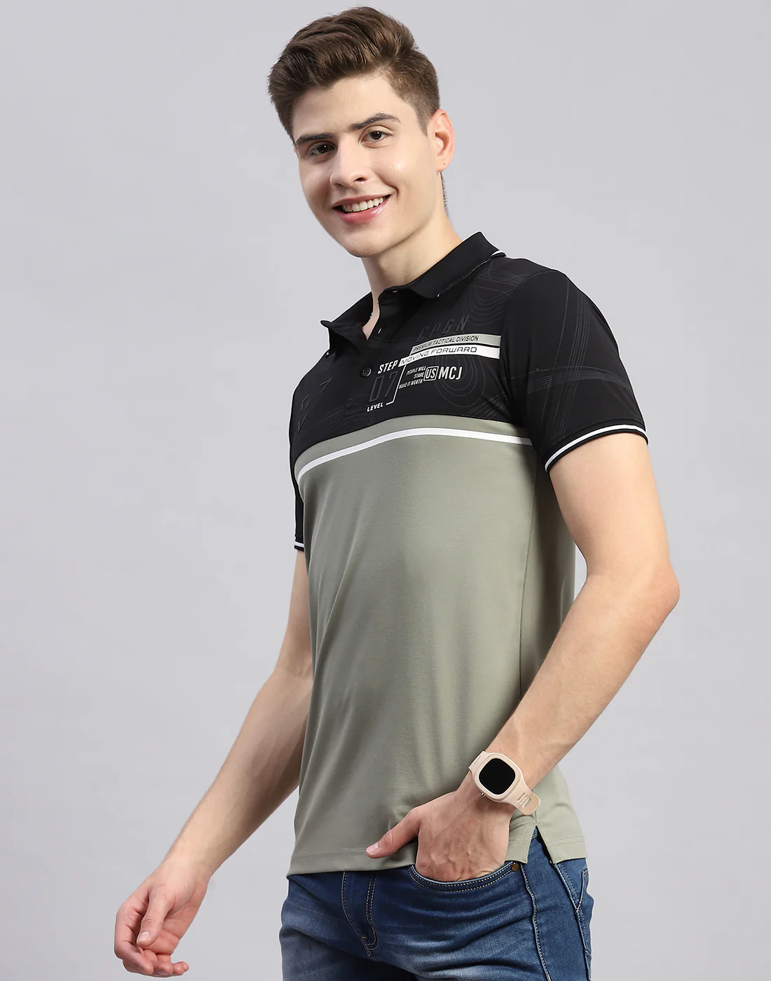 Men Green Printed Polo Collar Half Sleeve T-Shirt - Image 3