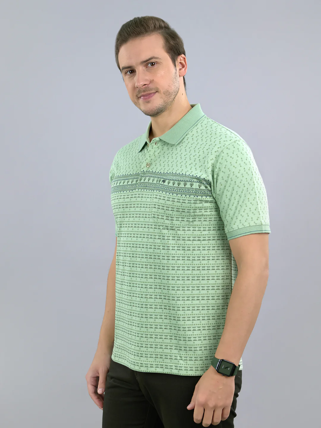 Men Green Printed Polo Collar Half Sleeve T-Shirt - Image 2
