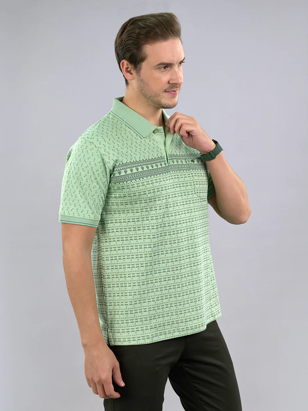 Men Green Printed Polo Collar Half Sleeve T-Shirt - Image 3