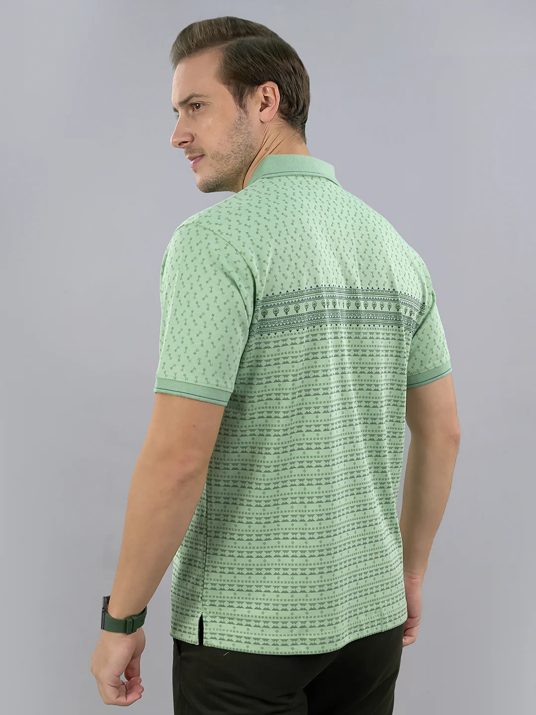 Men Green Printed Polo Collar Half Sleeve T-Shirt - Image 4