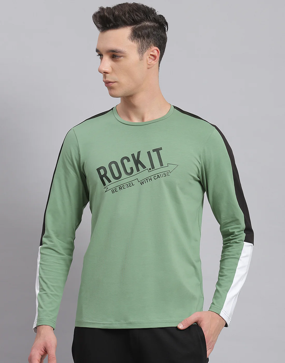 Rock.it Men Green Printed Round Neck Full Sleeve Active T-Shirt - Image 3