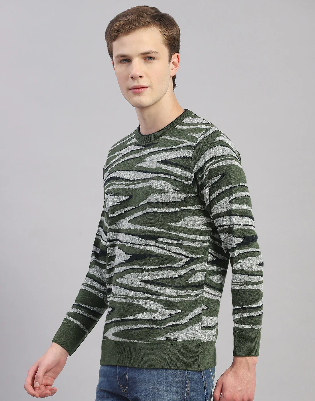 Men Green Printed Round Neck Full Sleeve Pullover - Image 4