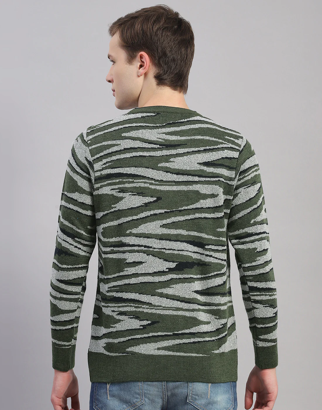 Men Green Printed Round Neck Full Sleeve Pullover - Image 6