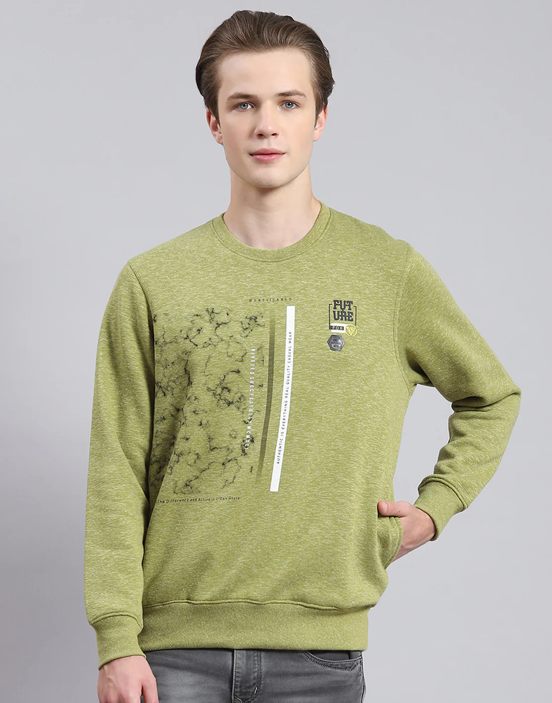 Men Green Printed Round Neck Full Sleeve Sweatshirt - Image 2