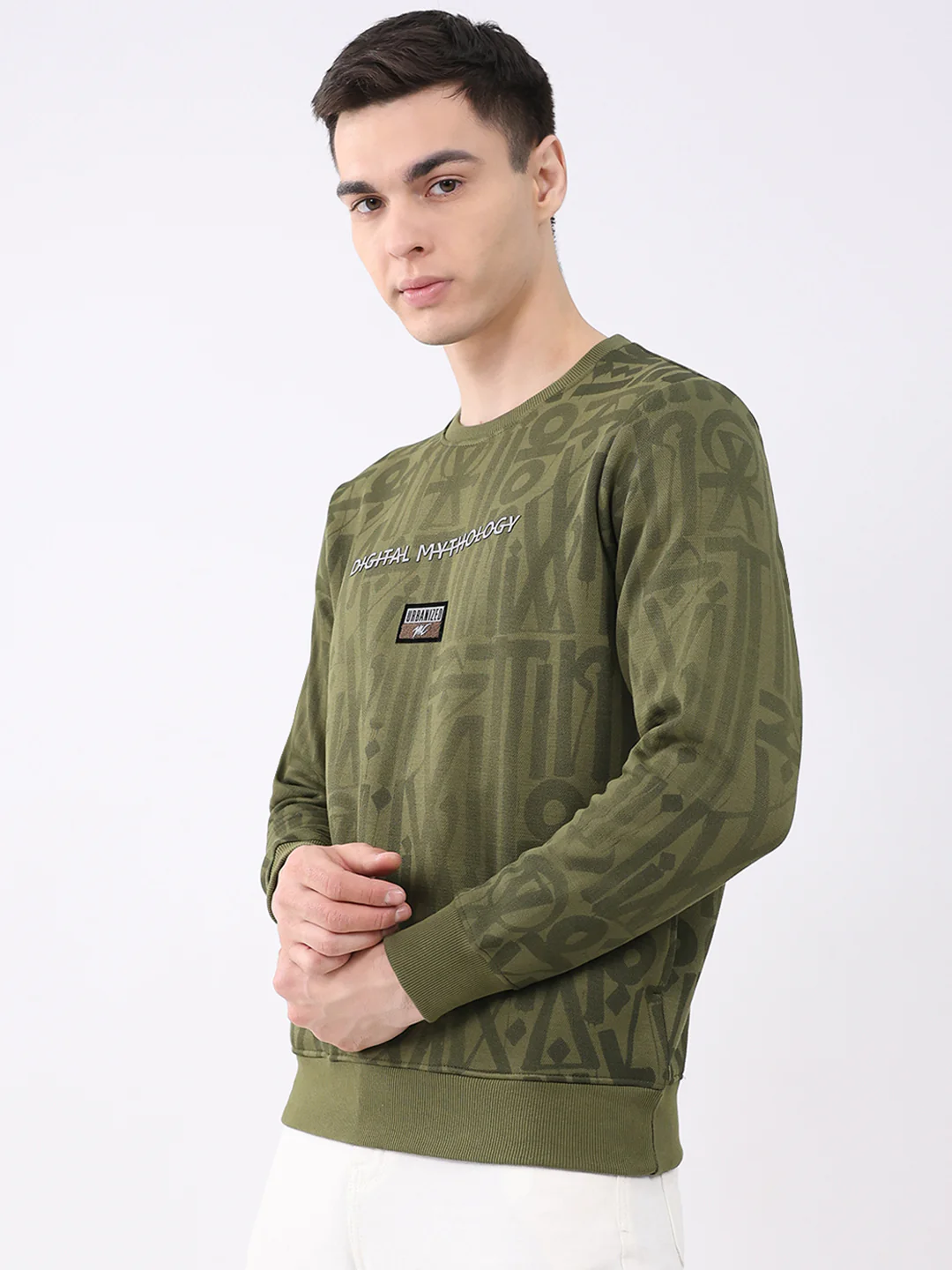 Men Green Printed Round Neck Full Sleeve Sweatshirt - Image 3