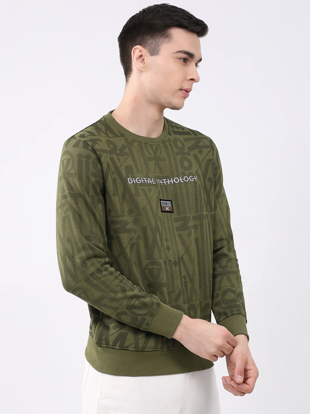 Men Green Printed Round Neck Full Sleeve Sweatshirt - Image 4