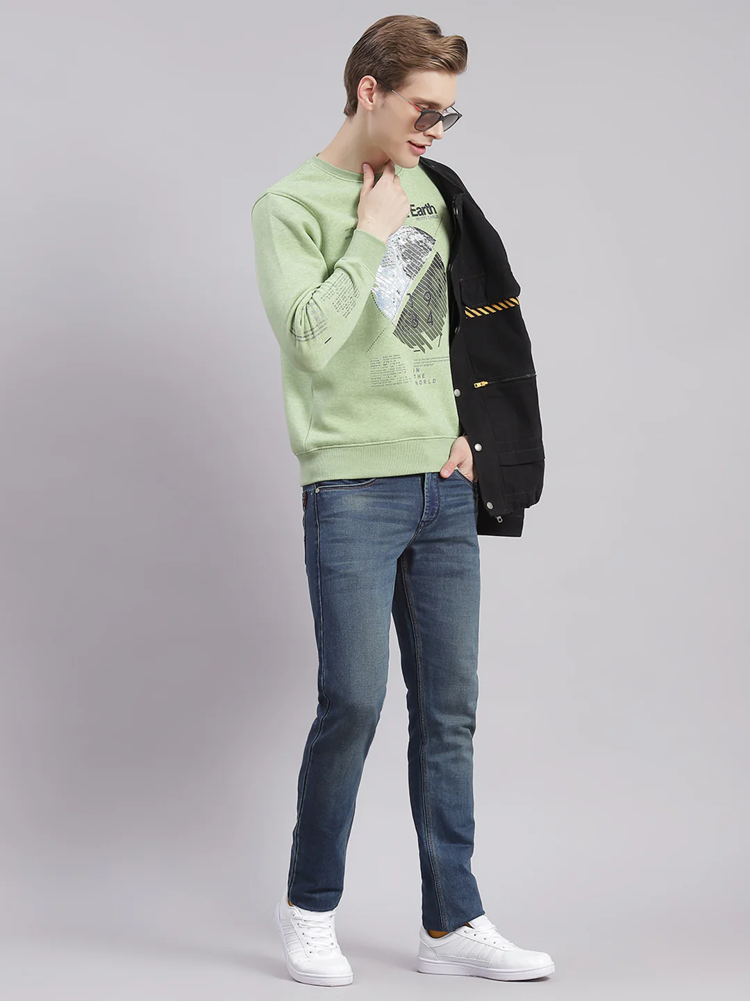 Men Green Printed Round Neck Full Sleeve Sweatshirts