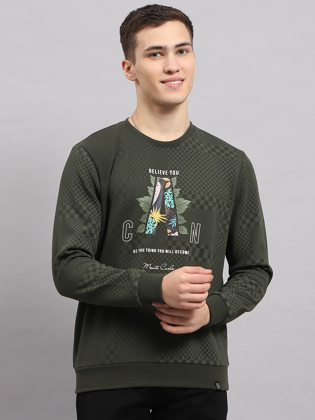 Men Green Printed Round Neck Full Sleeve T-Shirt - Image 2