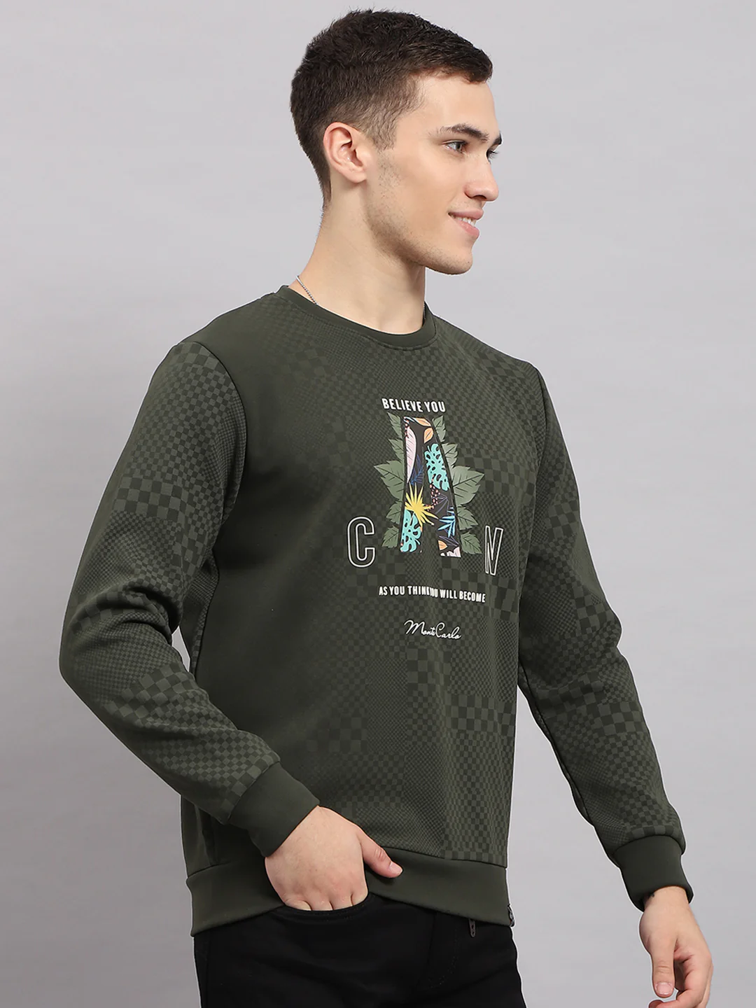 Men Green Printed Round Neck Full Sleeve T-Shirt - Image 3