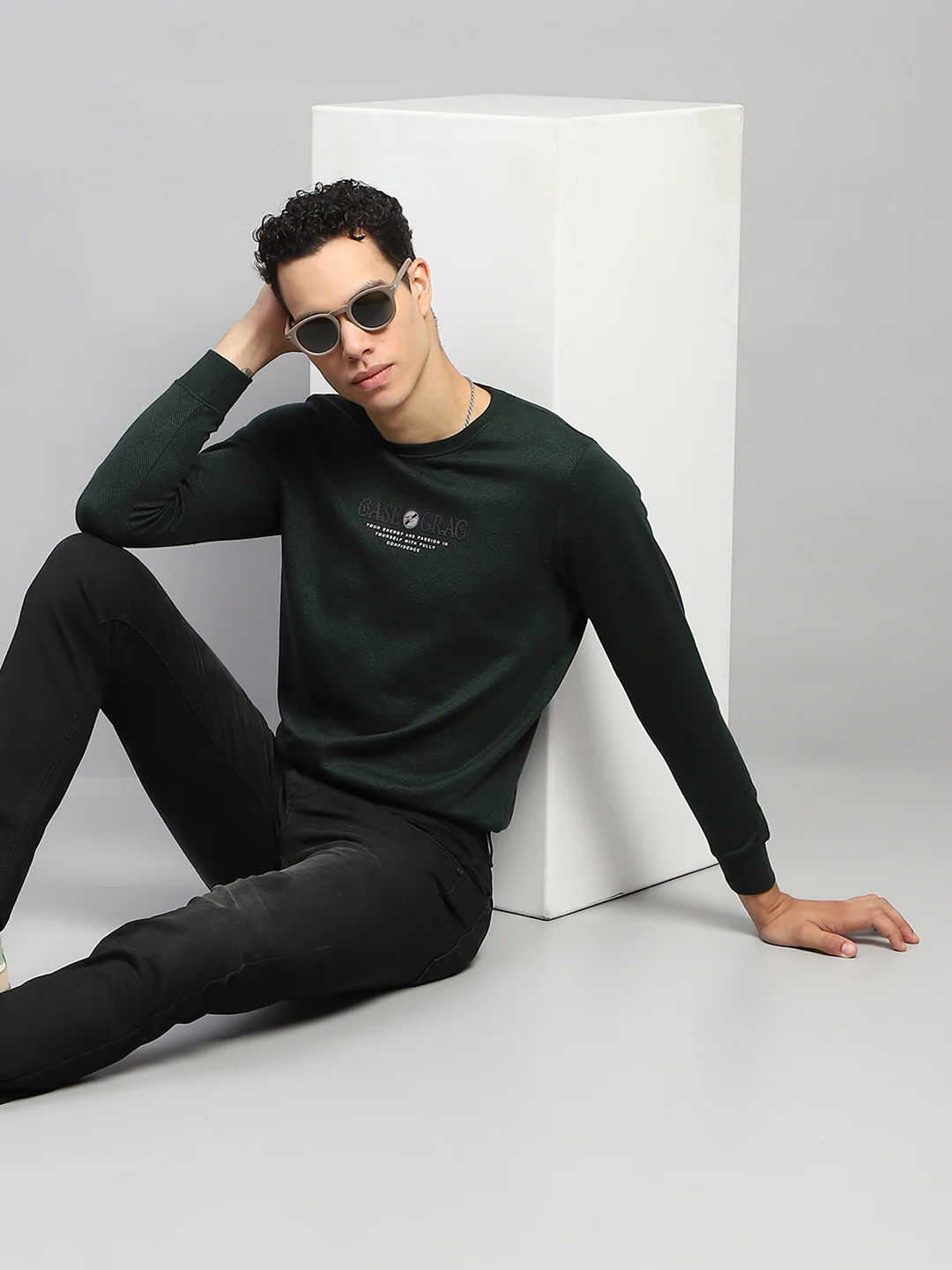 Men Green Printed Round Neck Full Sleeve Winter T-Shirt - Image 6
