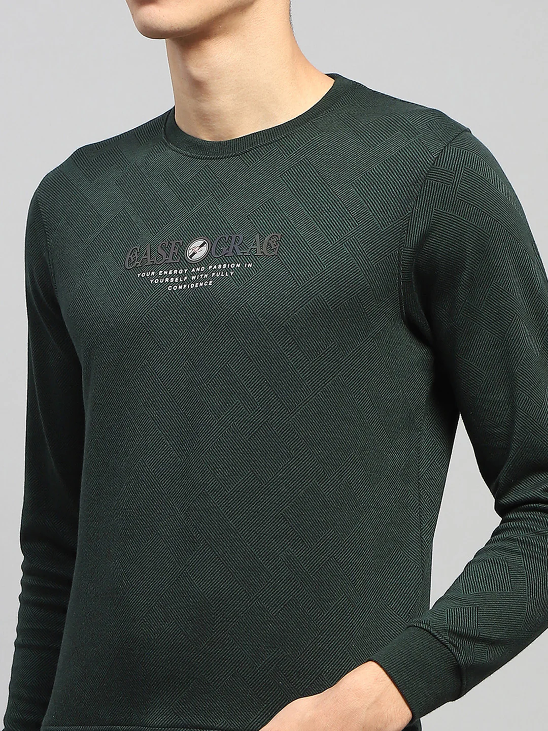 Men Green Printed Round Neck Full Sleeve Winter T-Shirt - Image 7