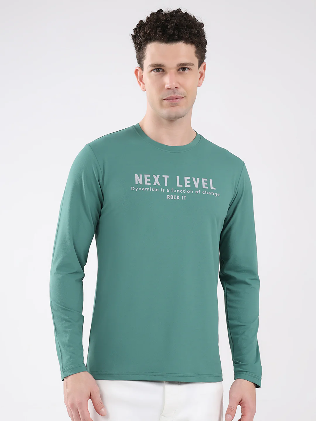 Rock.it Men Green Printed Round Neck Full Sleeve Winter T-Shirt