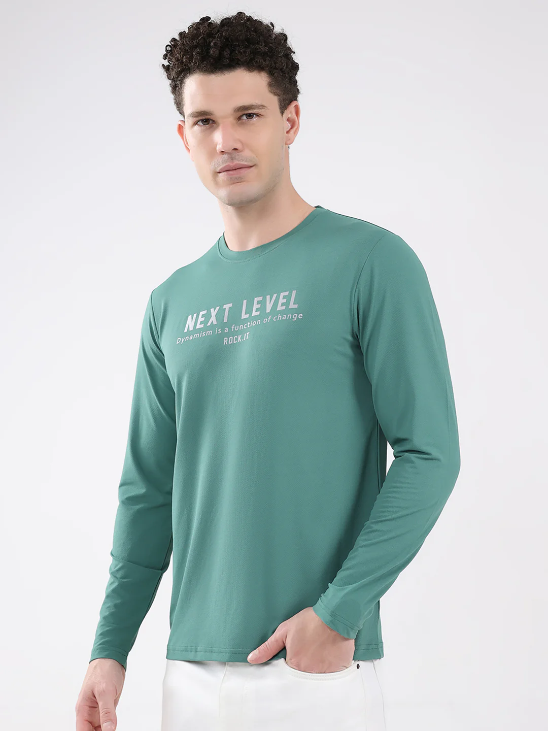 Rock.it Men Green Printed Round Neck Full Sleeve Winter T-Shirt - Image 3