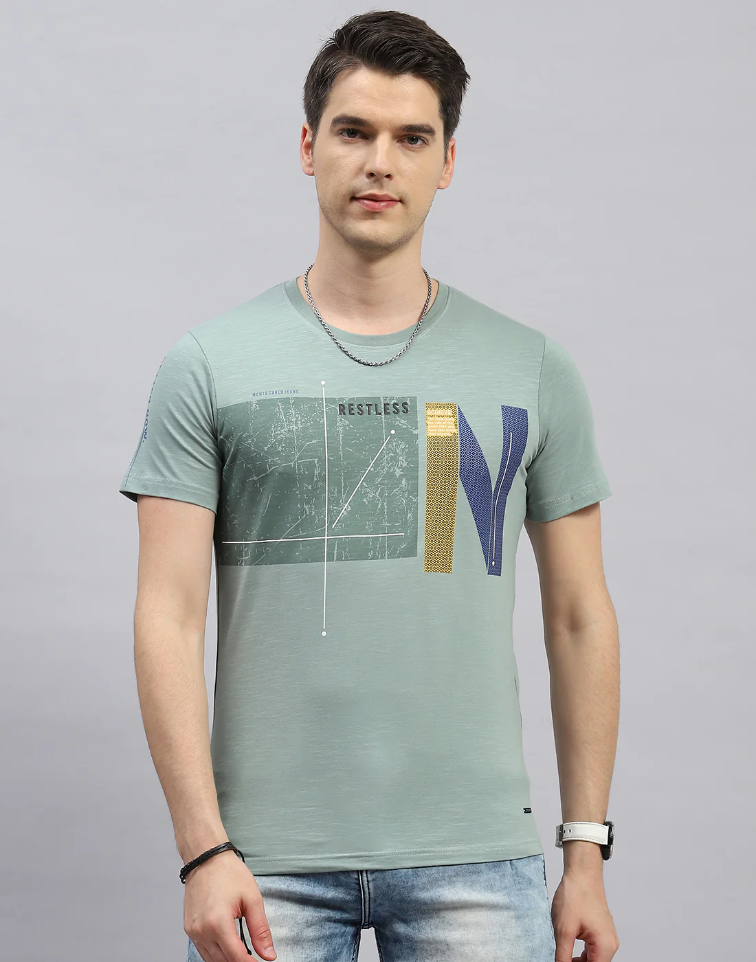 Men Green Printed Round Neck Half Sleeve T-Shirt