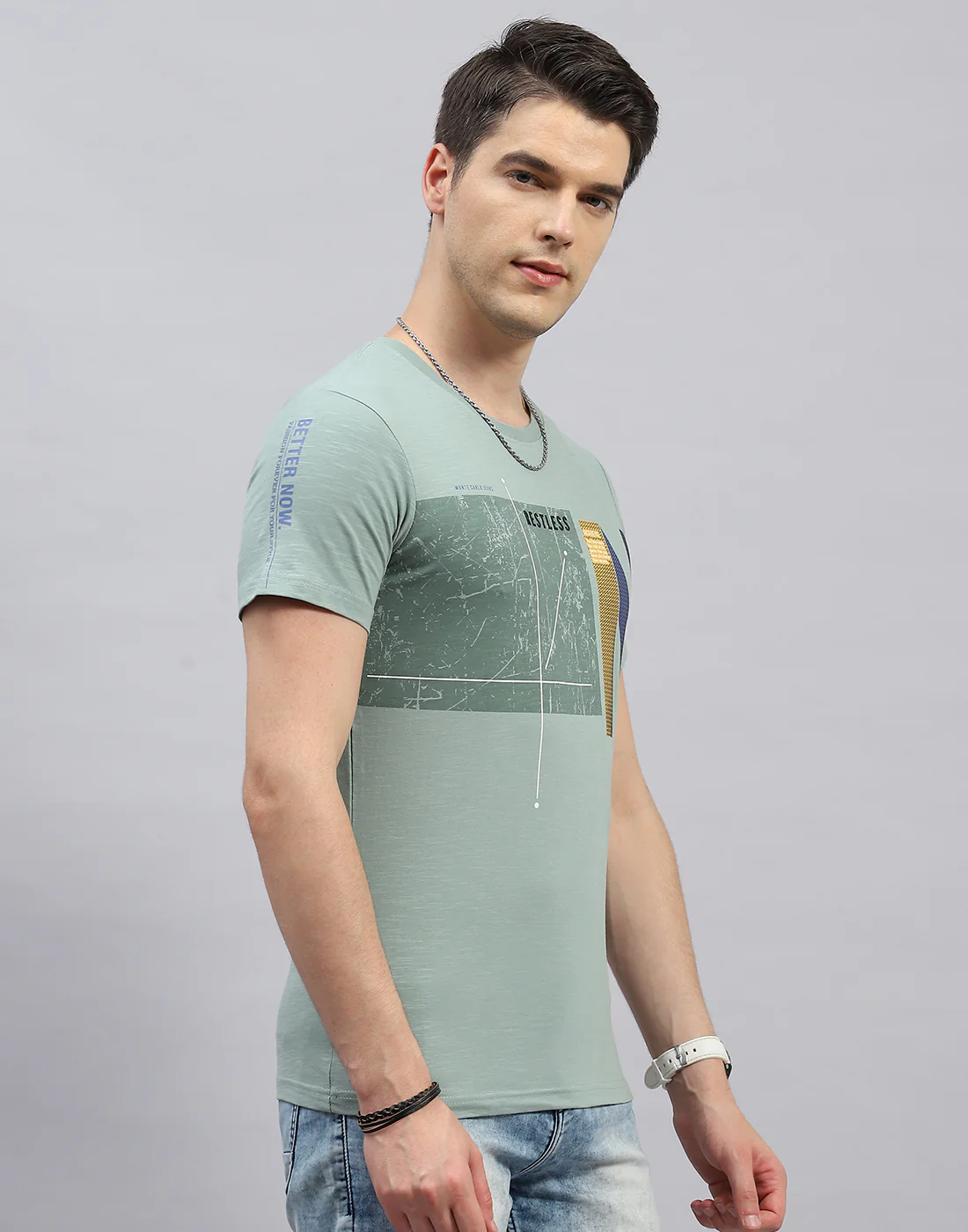 Men Green Printed Round Neck Half Sleeve T-Shirt - Image 4